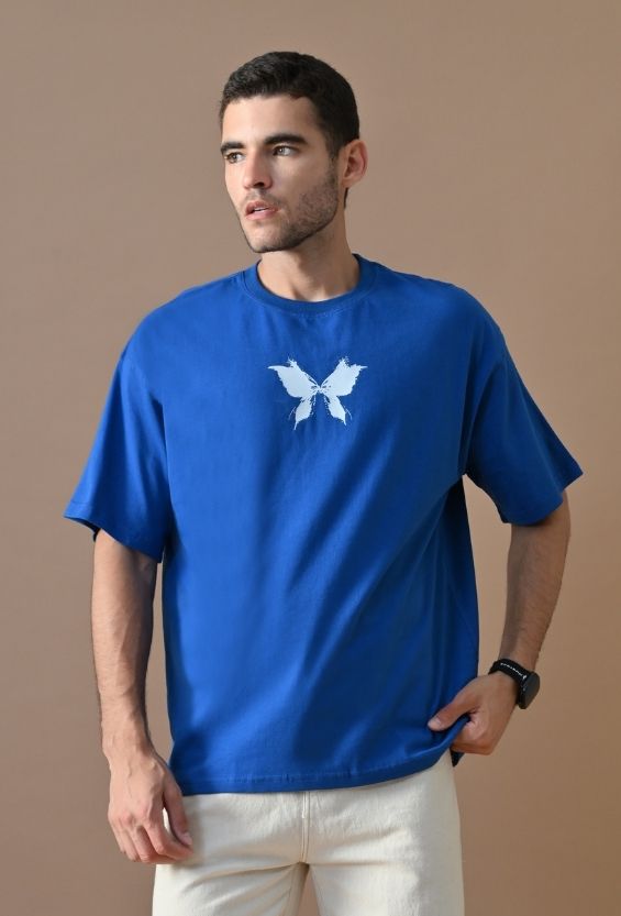 Royal Blue Cotton Lycra Boxy Streetwear T-Shirt for Men | Butterfly Graphic Print