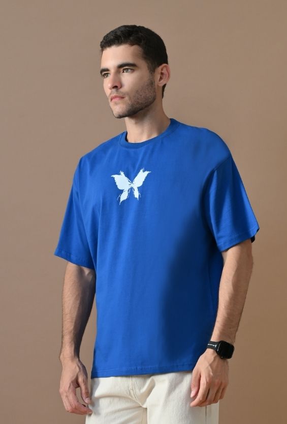 Royal Blue Cotton Lycra Boxy Streetwear T-Shirt for Men | Butterfly Graphic Print
