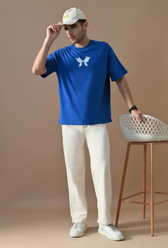 Royal Blue Cotton Lycra Boxy Streetwear T-Shirt for Men | Butterfly Graphic Print