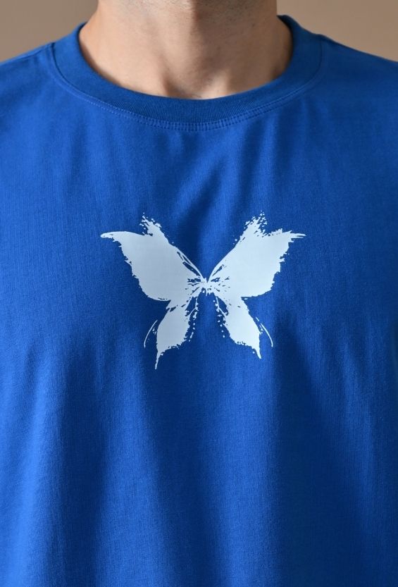 Royal Blue Cotton Lycra Boxy Streetwear T-Shirt for Men | Butterfly Graphic Print