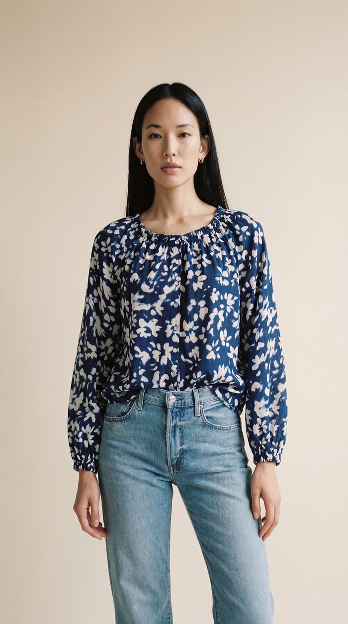 Ruffle Neck Raglan Button Down - Indigo Bloom