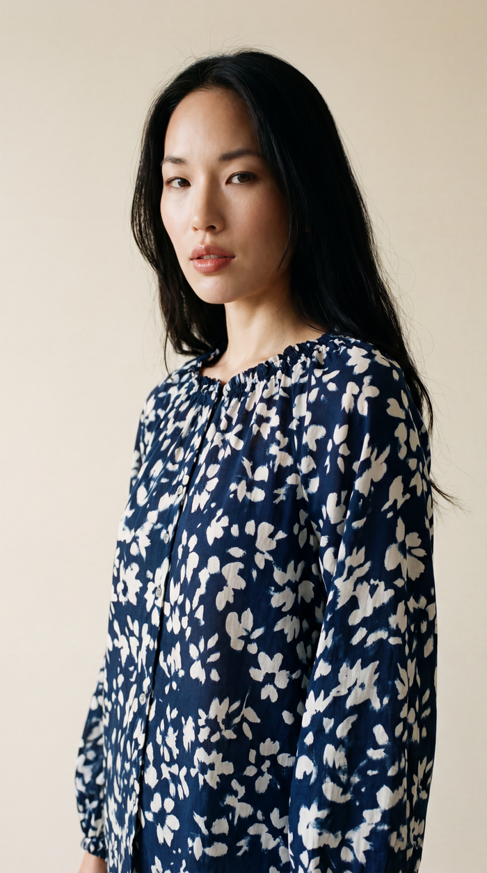 Ruffle Neck Raglan Button Down - Indigo Bloom