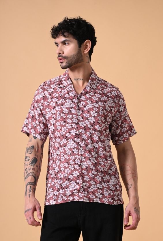 Rust Orange Floral Print Men's Camp Collar Shirts for Men