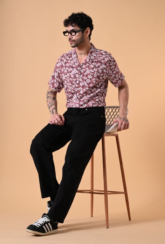 Rust Orange Floral Print Men's Camp Collar Shirts for Men