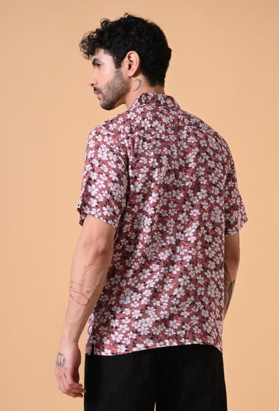 Rust Orange Floral Print Men's Camp Collar Shirts for Men