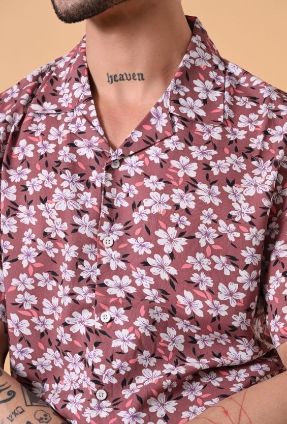 Rust Orange Floral Print Men's Camp Collar Shirts for Men