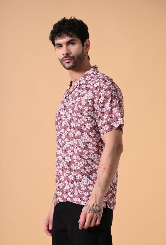 Rust Orange Floral Print Men's Camp Collar Shirts for Men