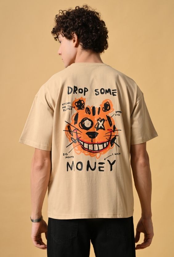 Sand Beige Cotton Lycra Boxy Streetwear T-Shirt for Men | Graphic Back Print