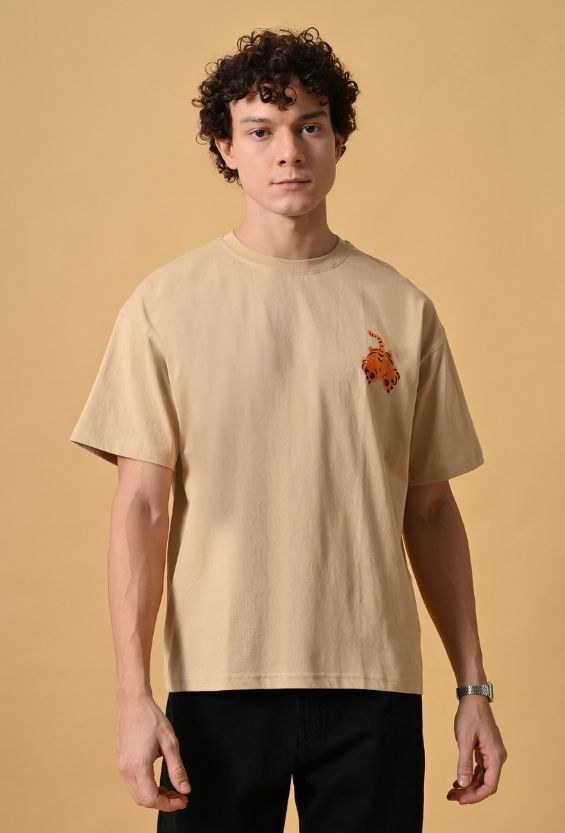 Sand Beige Cotton Lycra Boxy Streetwear T-Shirt for Men | Graphic Back Print