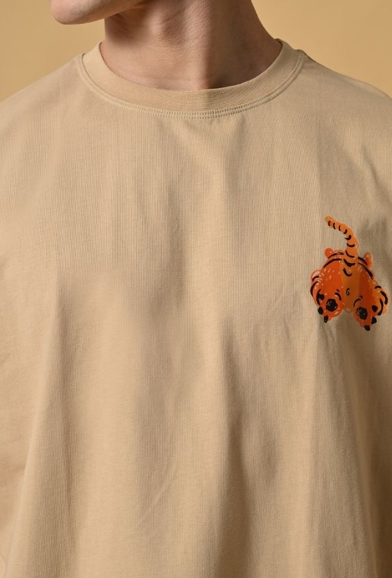 Sand Beige Cotton Lycra Boxy Streetwear T-Shirt for Men | Graphic Back Print
