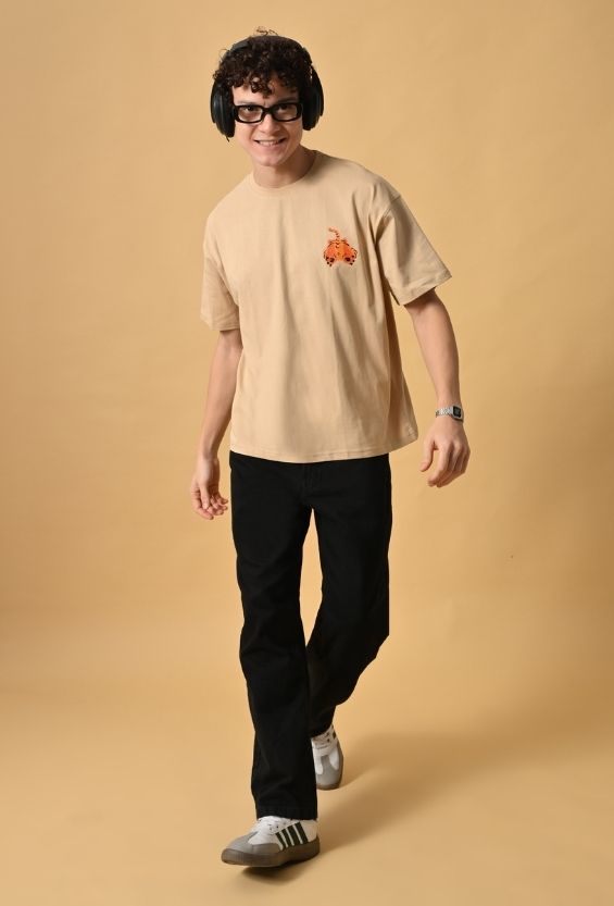 Sand Beige Cotton Lycra Boxy Streetwear T-Shirt for Men | Graphic Back Print