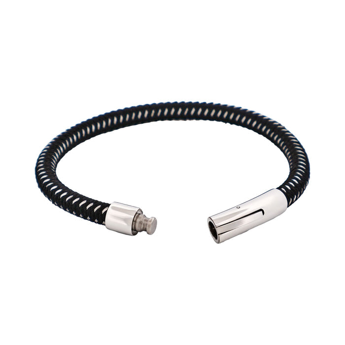 Savage - Black & Stainless Steel Wire Leather Bracelet