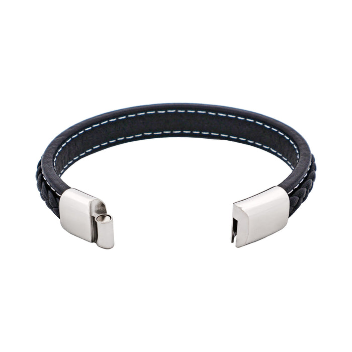 Savage - Black Stitched Leather & Stainless Steel Bracelet