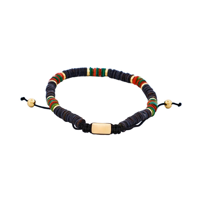 Savage - Multi Coloured Shell DiscsIon Plated Gold Stainless Steel Bead Macrame Bracelet