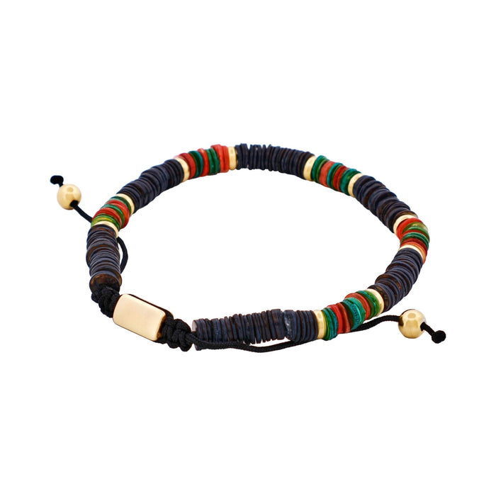 Savage - Multi Coloured Shell DiscsIon Plated Gold Stainless Steel Bead Macrame Bracelet