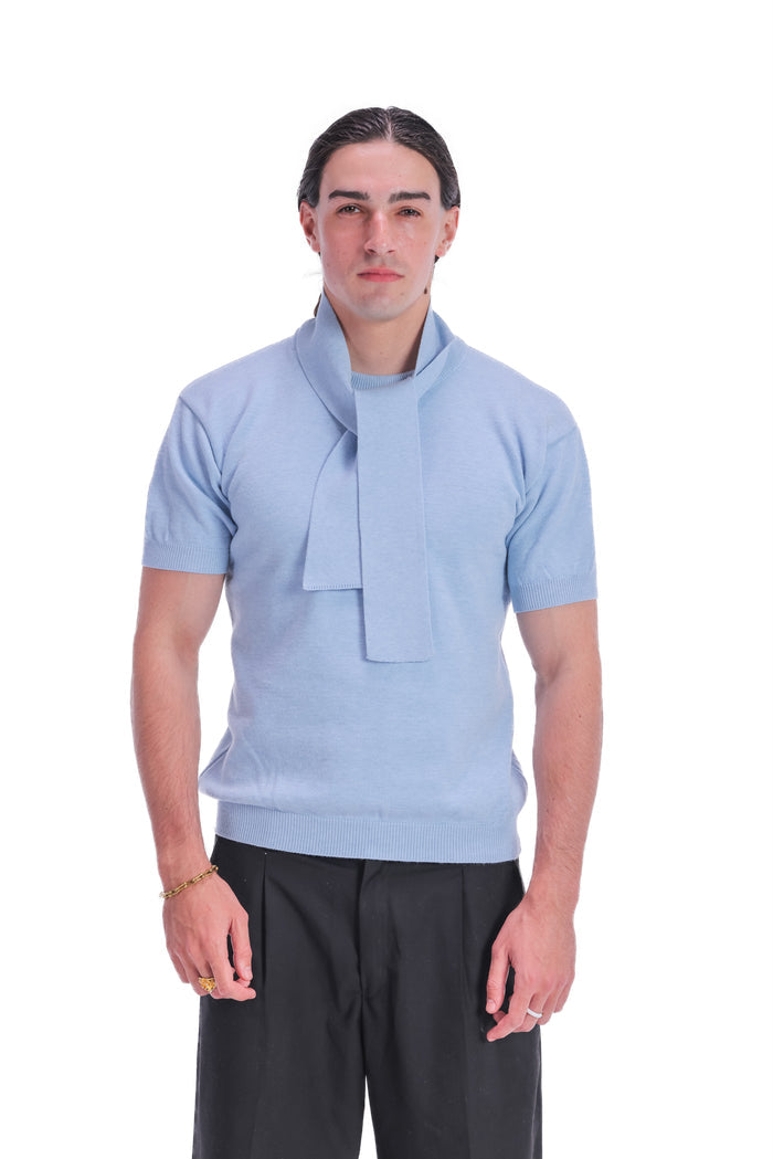 Scarf-Collar Short Sleeve Knit