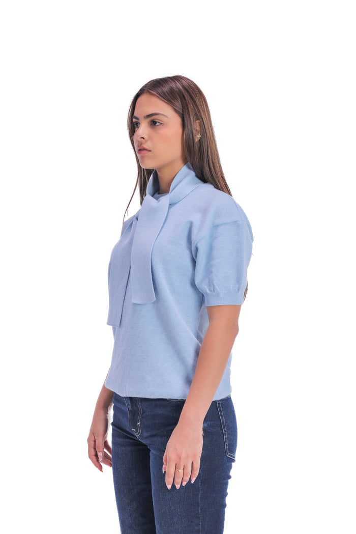 Scarf-Collar Short Sleeve Knit