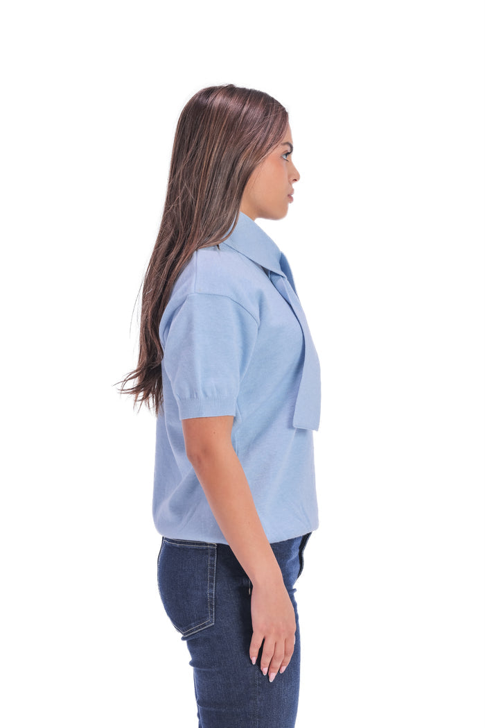 Scarf-Collar Short Sleeve Knit