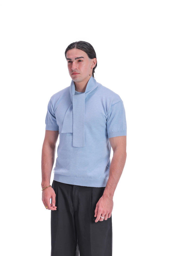 Scarf-Collar Short Sleeve Knit