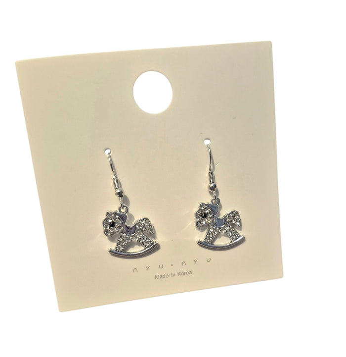 Silver rhinestone rocking horse earrings
