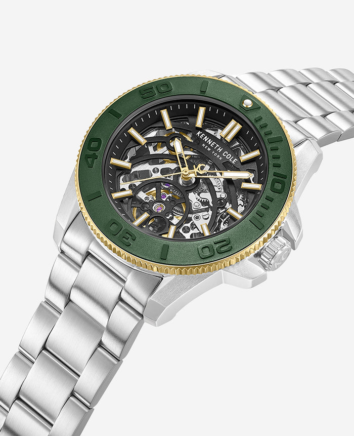 Skeleton Automatic Green Contrast Dial Bracelet Watch