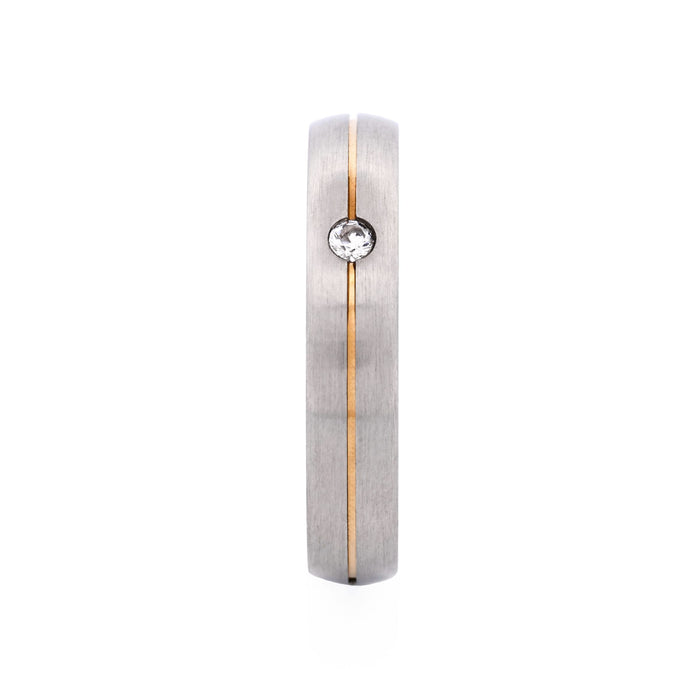 Slim Brushed Stainless Steel with Ion Plated Gold Stripe and Cubic Zirconia Ring