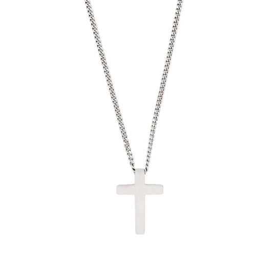 Small Brushed Stainless Steel Cross Pendant on Curb Link Chain