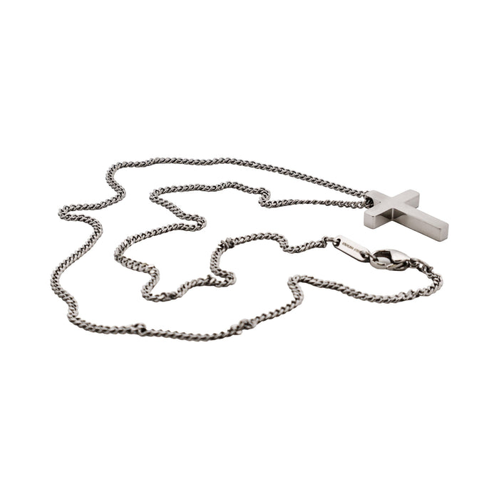 Small Brushed Stainless Steel Cross Pendant on Curb Link Chain