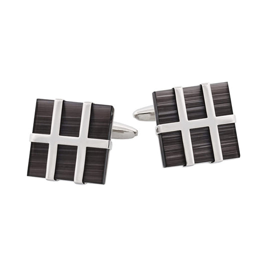 Square Polished Rhodium Plated Metal Framed Charcoal Cat's Eye Cufflinks