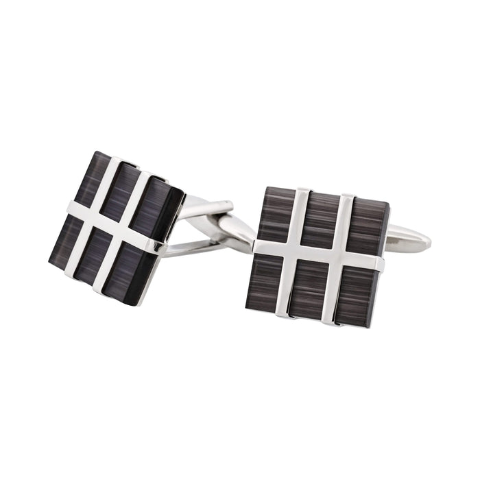 Square Polished Rhodium Plated Metal Framed Charcoal Cat's Eye Cufflinks
