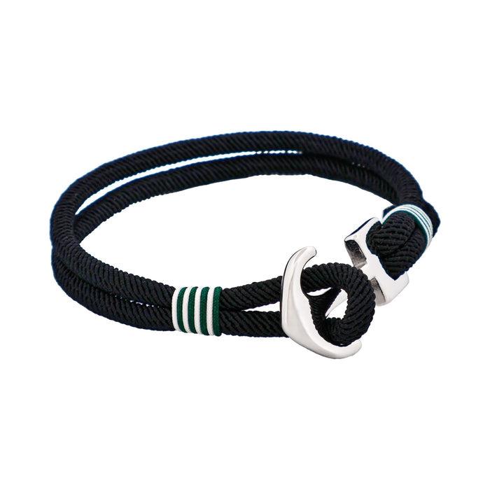 Stainless Steel - Dark Green & White Cord Anchor Bracelet