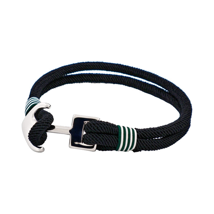 Stainless Steel - Dark Green & White Cord Anchor Bracelet