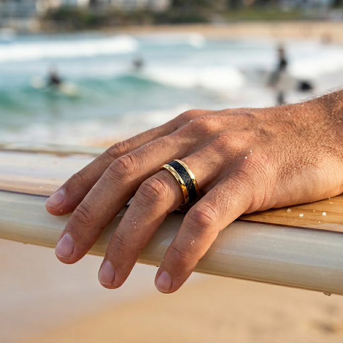Stainless Steel 14K Ion Plated Gold Carbon Fibre Ring