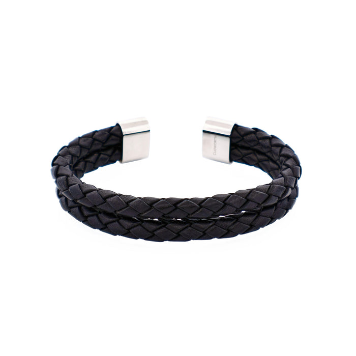 Stainless Steel and Black Leather Cuff