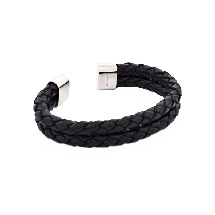 Stainless Steel and Black Leather Cuff