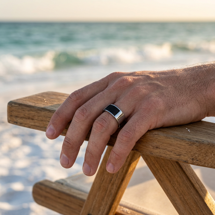 Stainless Steel and Ion Plated Black Mesh Pattern Ring