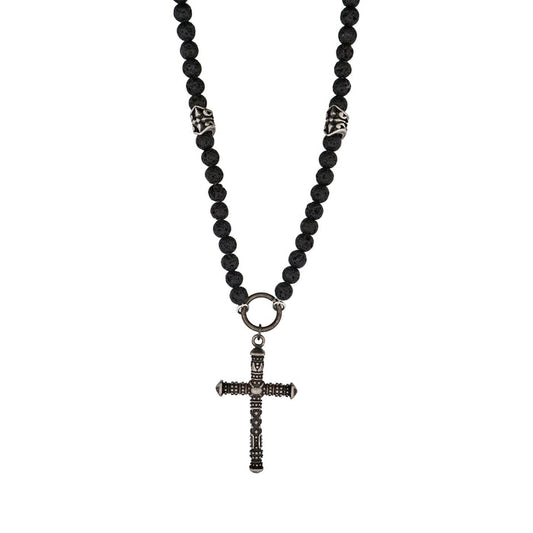 Stainless Steel Antique Plated Cross & Lava Rock Bead Neck Chain