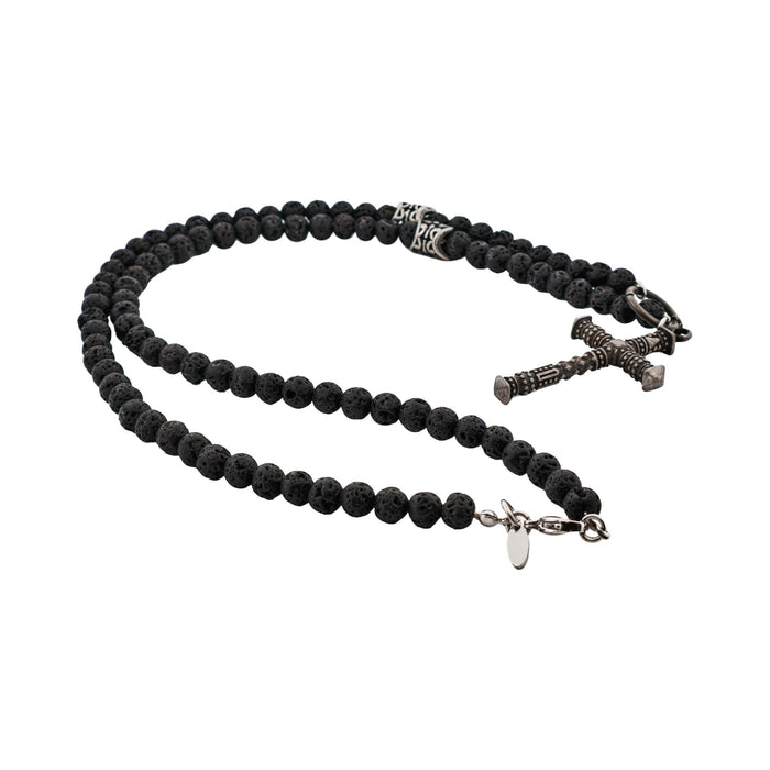 Stainless Steel Antique Plated Cross & Lava Rock Bead Neck Chain
