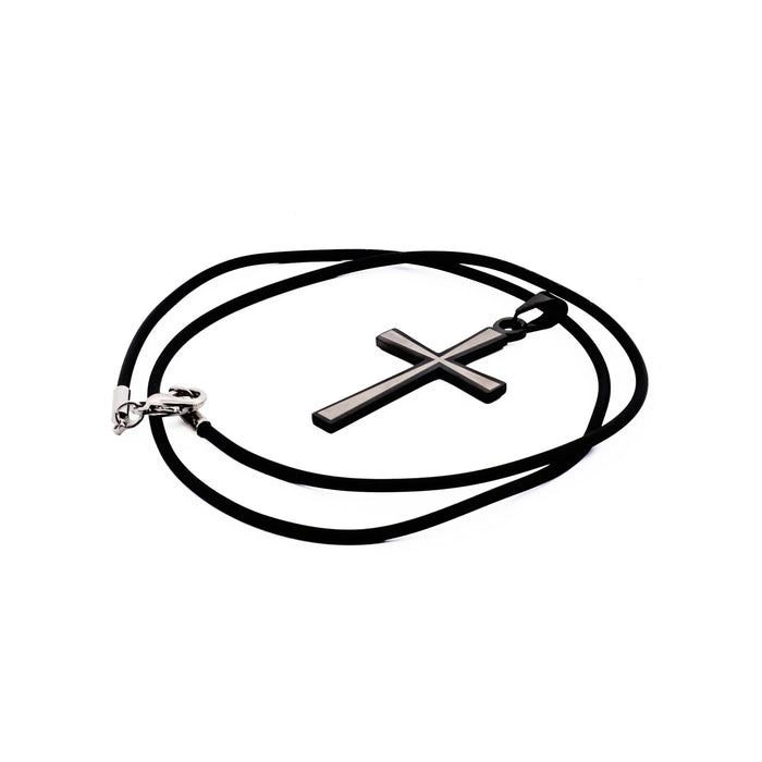 Stainless Steel & Black Cross Pendant on Rubber Chain