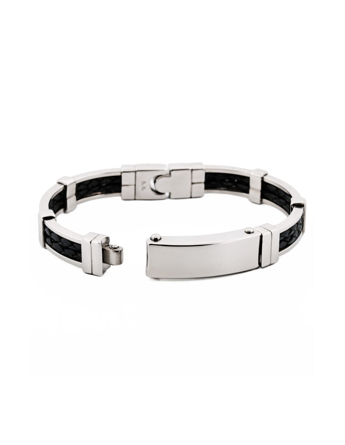 Stainless Steel Black leather Bangle - Small - top opening