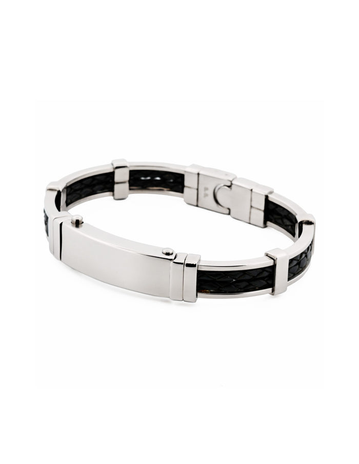 Stainless Steel Black leather Bangle - Small - top opening