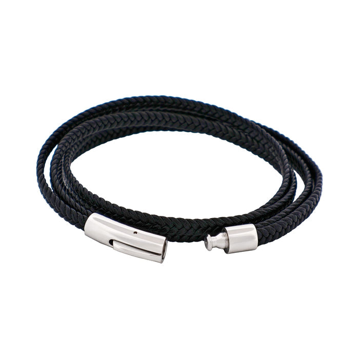 Stainless Steel & Black Leather Double Strand Bracelet