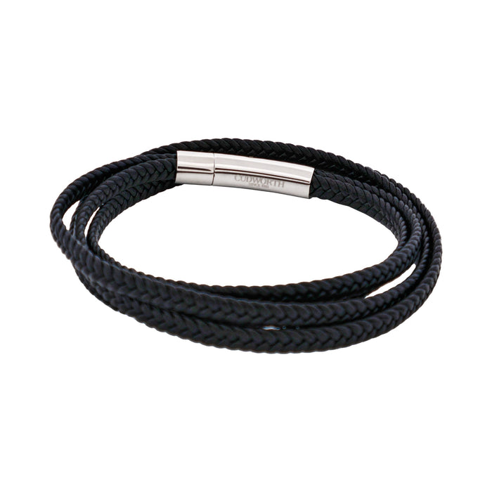 Stainless Steel & Black Leather Double Strand Bracelet