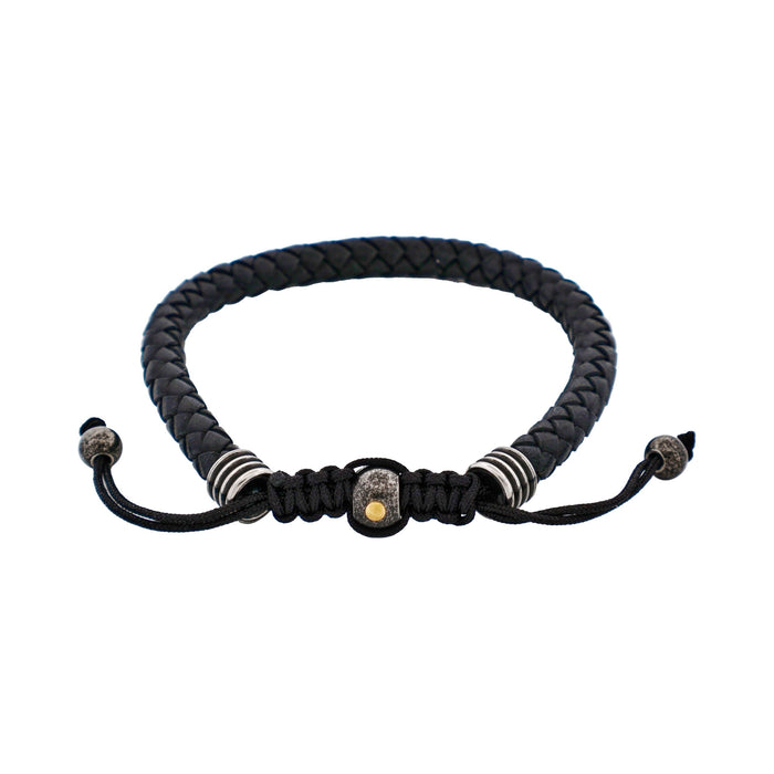 Stainless Steel & Black Leather Macrame Bracelet