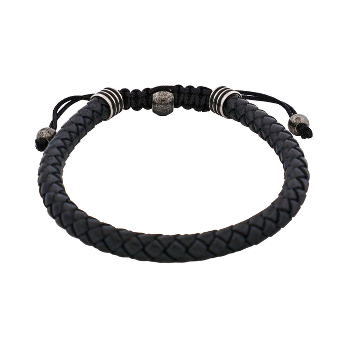 Stainless Steel & Black Leather Macrame Bracelet