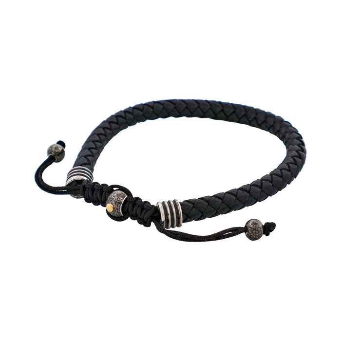 Stainless Steel & Black Leather Macrame Bracelet