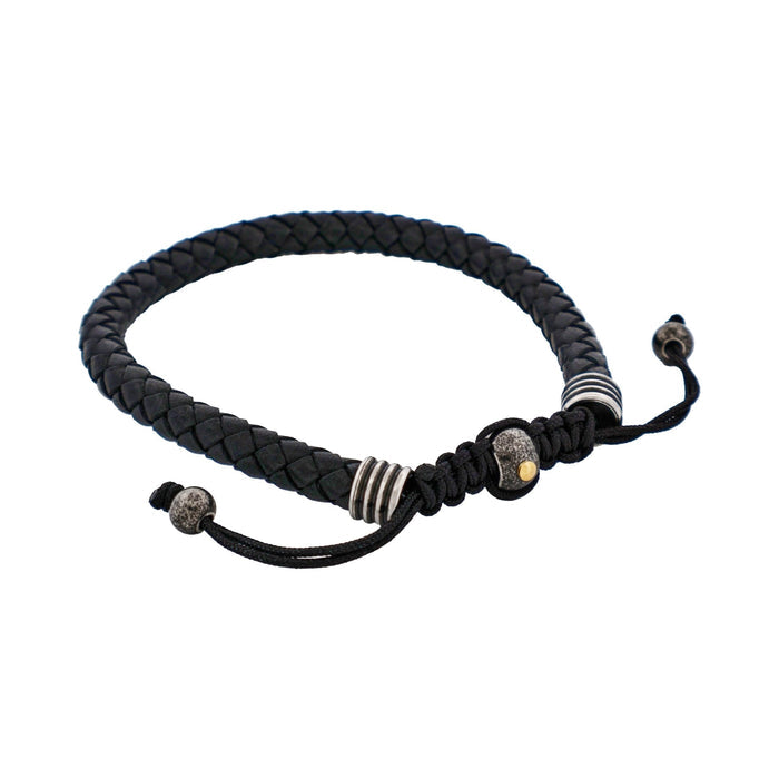 Stainless Steel & Black Leather Macrame Bracelet