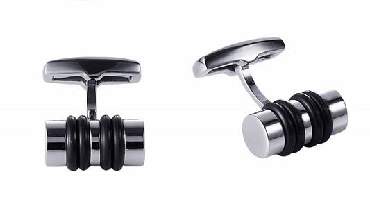 Stainless Steel & Black Rubber Cylinder Cufflinks