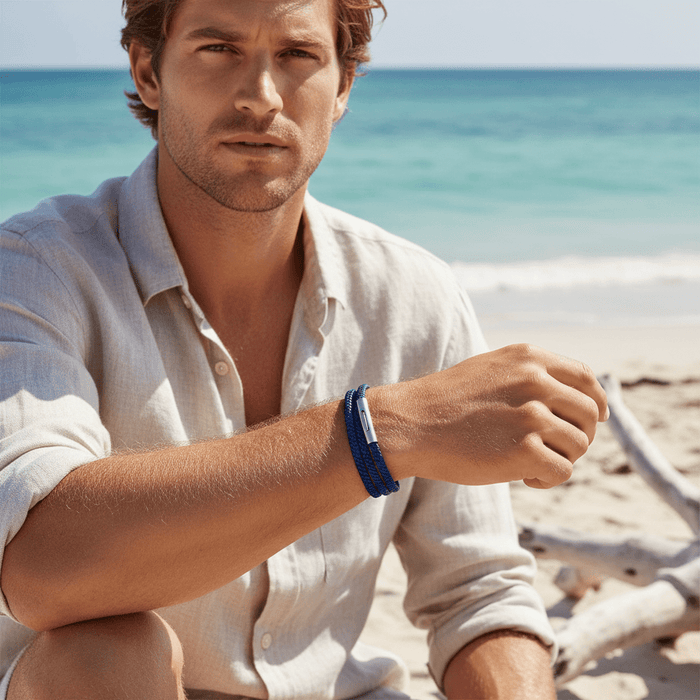 Stainless Steel & Blue Leather Double Strand Bracelet