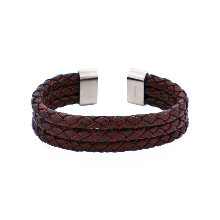 Stainless Steel Brown Leather Bangle